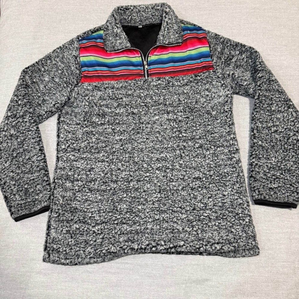 Womens Sherpa Pullover Aztec Stripe Print Quarter Zip Gray L XL
